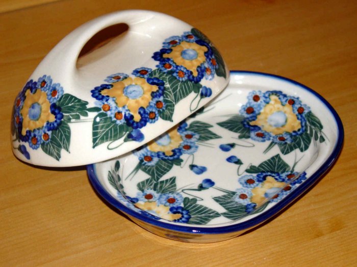 Polish Pottery Butter Dish Signature Sunflower WR Unikat Boleslawiec Poland