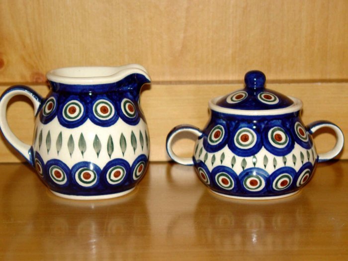 Polish Pottery Sugar & Creamer Set Peacock From Wiza Boleslawiec Poland