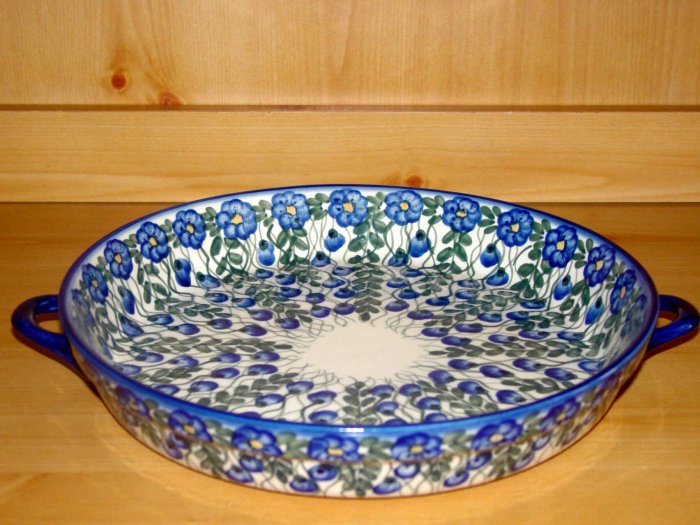 Polish Pottery Baker Serving Tray Large Signature Round Summer Woods WR Unikat Boleslawiec Poland