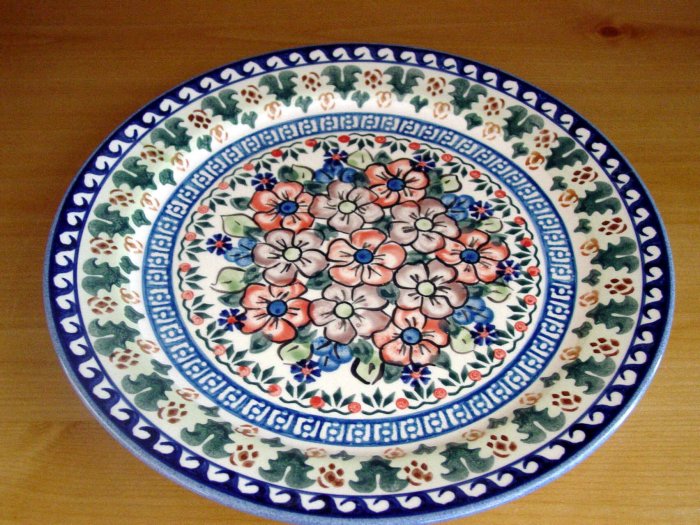 Polish Pottery Dinner Plate Unikat Flower Blooms Artist Signed Wiza Boleslawiec Poland