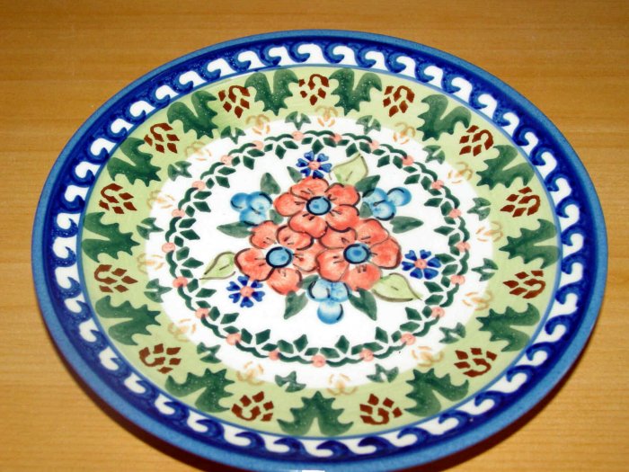 Polish Pottery Dessert Plate Unikat Artist Signed Flower Blooms Wiza Boleslawiec Poland