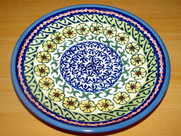 Polish Pottery Dessert Plate Unikat Sunflower Artist Signed Wiza Boleslawiec Poland