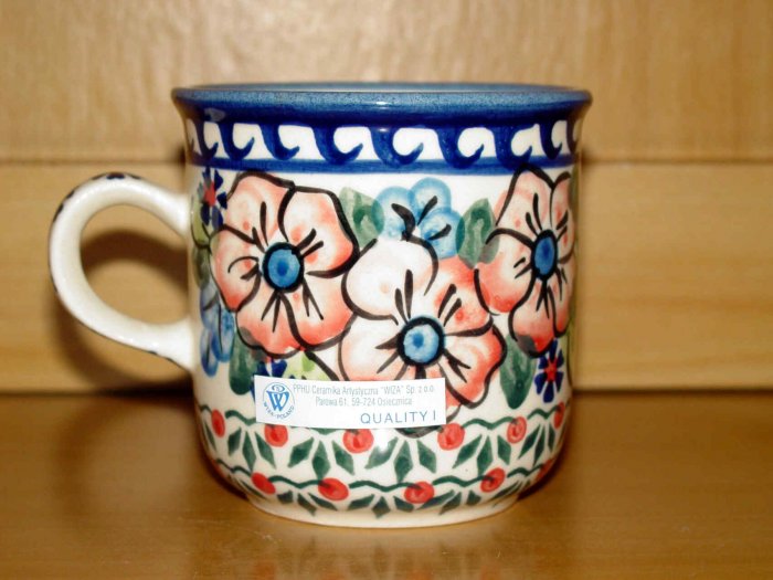 Polish Pottery Coffee Mug Unikat Flower Blooms Artist Handsigned Wiza Boleslawiec Poland