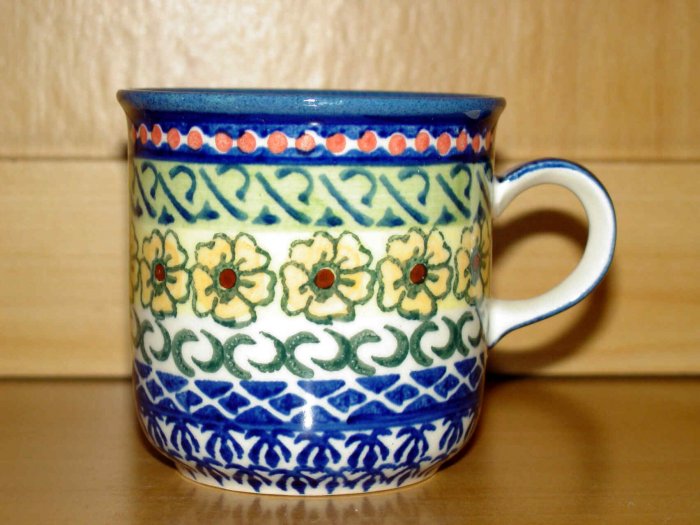 Polish Pottery Coffee Mug Unikat Sunflower Artist Signed Wiza Boleslweic Poland