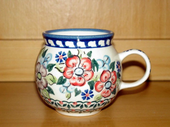 Polish Pottery Bubble Mug Unikat Flower Blooms Artist Signed Wiza Boleslawiec Poland