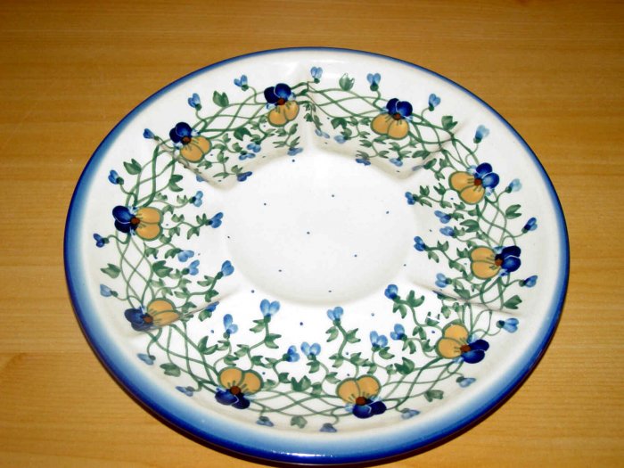 Polish Pottery Signature Deviled Egg Veggie Fruit Tray Pansy WR Unikat Ceramika Boleslawiec Poland