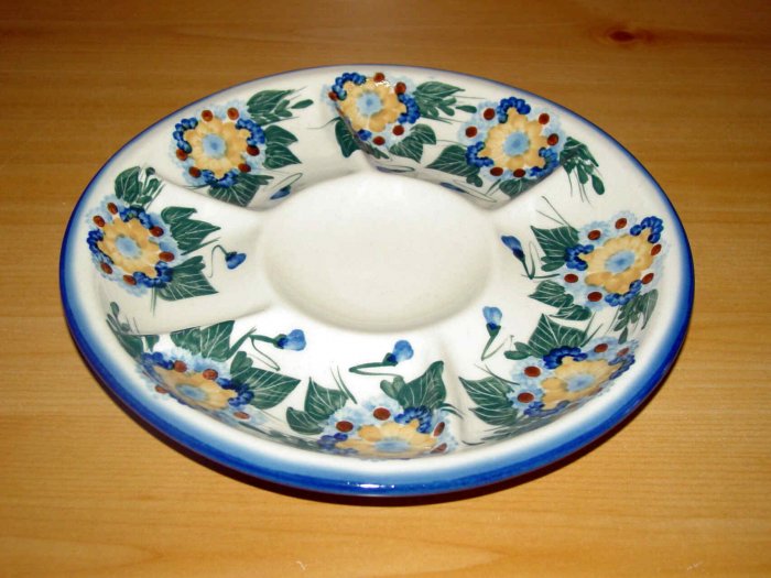 Polish Pottery Signature Deviled Egg Veggie Fruit Tray Sunflower Unikat Ceramika Boleslawiec Poland
