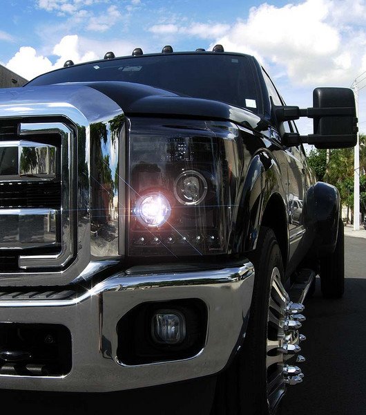 Part # 264272BK - SMOKED Projector Headlights Ford Superduty 11-13 w LED Halos & DRLs