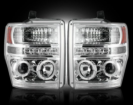 Part # 264196CL - CLEAR Projector Headlights Ford Superduty 08-10 w LED Halos & DRLs