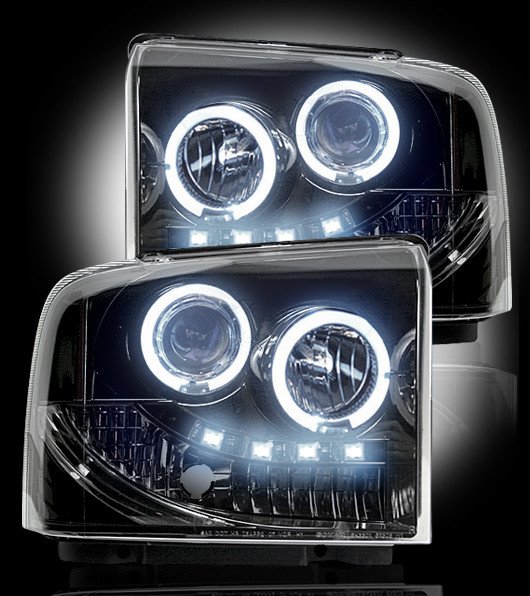 Part # 264193BK - SMOKED Projector Headlights Ford Superduty & Excursion 05-07 w LED Halos & DRLs