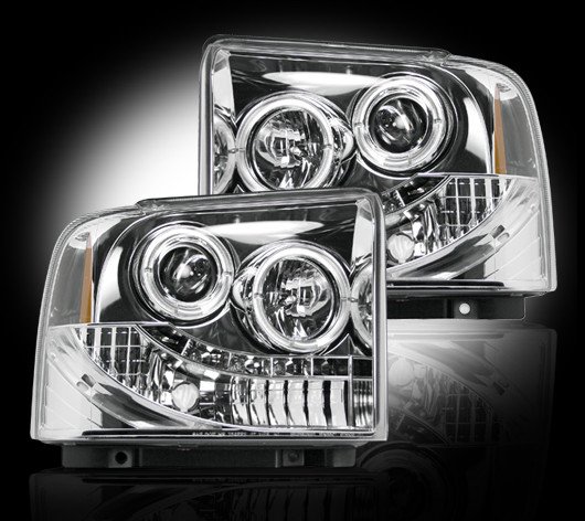 Part # 264193CL - CLEAR Projector Headlights Ford Superduty & Excursion 05-07 w LED Halos & DRLs