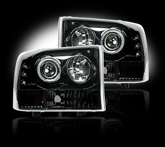 Part # 264192BK - SMOKED Projector Headlights Ford Superduty & Excursion 99-04 w LED Halos & DRLs