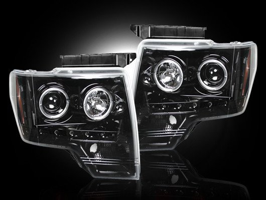 Part # 264190BK - SMOKED Projector Headlights Ford F150 & Raptor 09-13 w LED Halos & DRLs