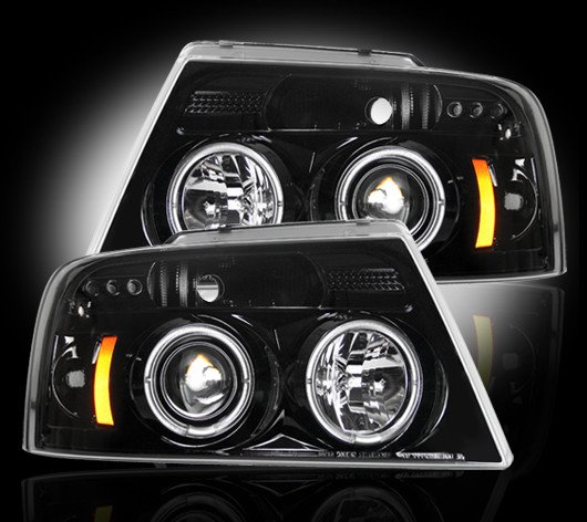 Part # 264198BK - SMOKED Projector Headlights Ford F150 04-08 w LED Halos & DRLs
