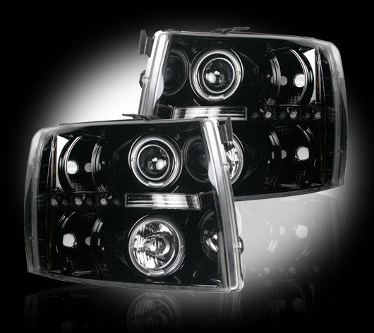 Part # 264195BK - SMOKED Projector Headlights Chevy Silverado 07-12 w LED Halos & DRLs