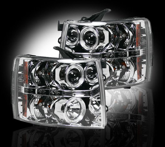 Part # 264195CL - CLEAR Projector Headlights Chevy Silverado 07-12 w LED Halos & DRLs