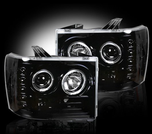Part # 264271BK - SMOKED Projector Headlights GMC Sierra & Denali 07-12 w LED Halos & DRLs
