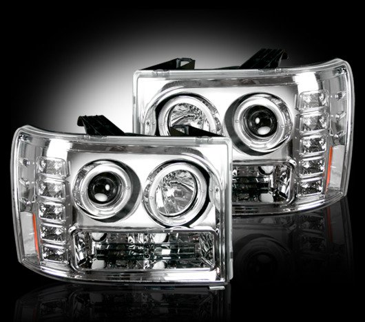 Part # 264271CL - CLEAR Projector Headlights GMC Sierra & Denali 07-12 w LED Halos & DRLs