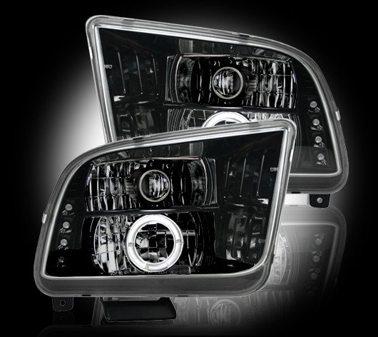 Part # 264197BK - SMOKED Projector Headlights Ford Mustang 05-09 w LED Halos & DRLs
