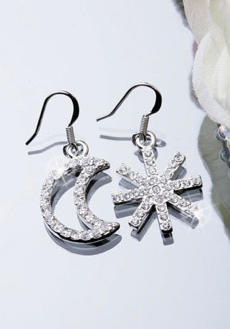 Silver Plated Cubic Zirconia Stud Unbalance Moon Snow Earrings