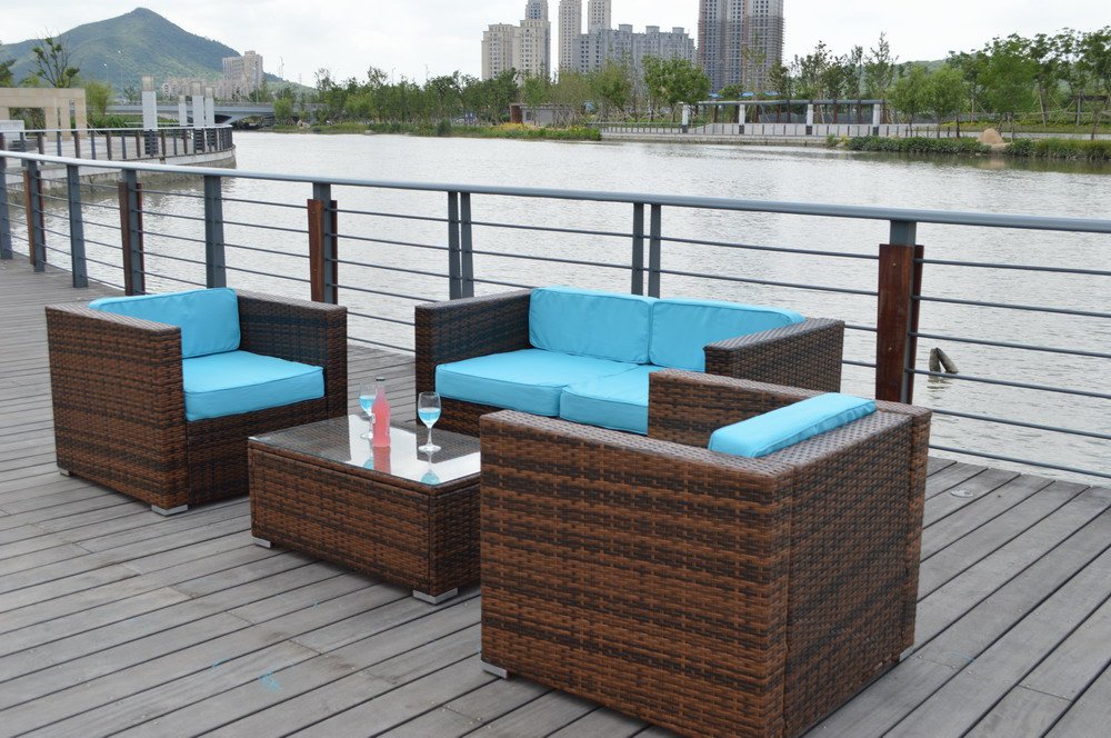 Dark Brown Outdoor Wicker Rattan 4 Piece Patio Sofa Set w/ SUNBRELLA Upgrade