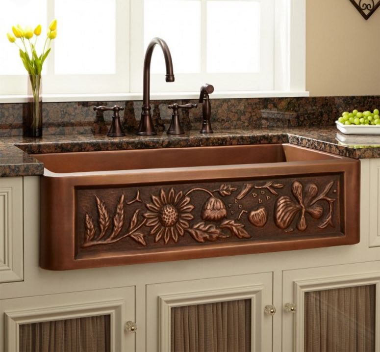 36" FLORAL DESIGN COPPER FARMHOUSE KITCHEN SINK SINGLE BOWL