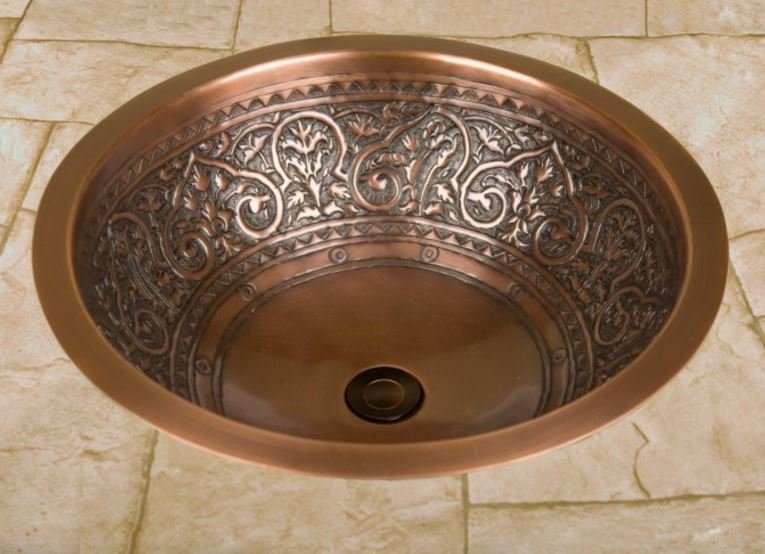 18" SCROLLED 100% COPPER BATHROOM SINK ROUND