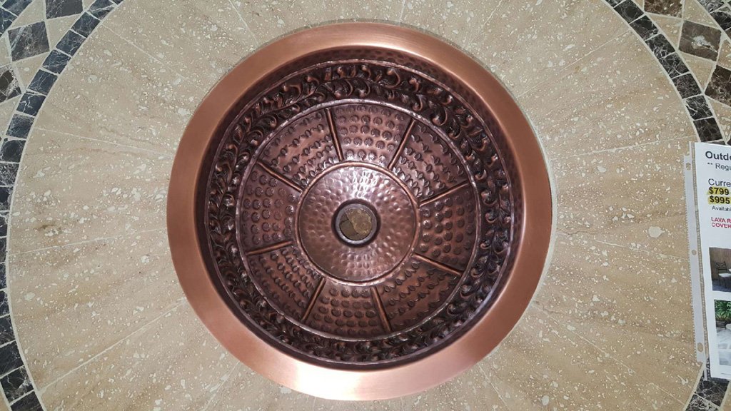 14" SCROLLING LEAF DESIGN ROUND COPPER BATHROOM SINK