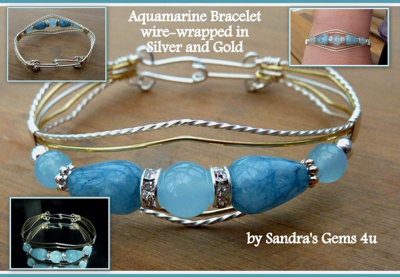 Aquamarine Bracelet with Rhinestones, wire-wrapped in Silver and Gold, March birthstone