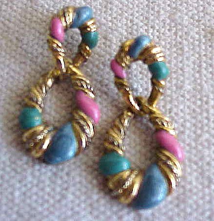 Lovely Goldtone Dangle Earrings with Pink, Blue & Teal - FREE SHIPPING - Memory Lane Collectibles