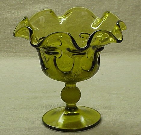 Green Glass Ruffled Candy Dish or Compote - Viking?? - Memory Lane Collectibles