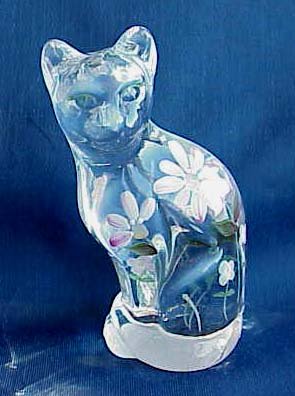Fenton Clear Opalescent Handpainted Cat - Memory Lane Collectibles