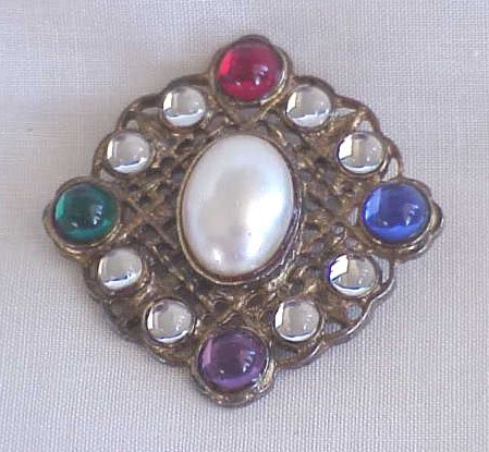 Goldtone Filigree Brooch Multicolor Stones / Faux Pearl - FREE SHIPPING - Memory Lane Collectibles