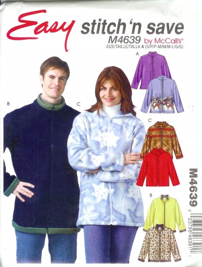 M4639 McCall Pattern EASY STITCH'N SAVE Jackets Misses / Mens Size A S, M, L