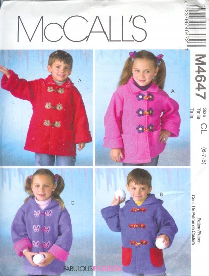 M4647 McCall Pattern FABULOUS FLEECE Unlined Coats Childs / Boys / Girls Size CL 6-7-8