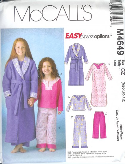 M4649 McCall Pattern EASY ENDLESS OPTIONS Robe Belt Top Gown Pants 2 Lengths Childs/Girls Size M-XL