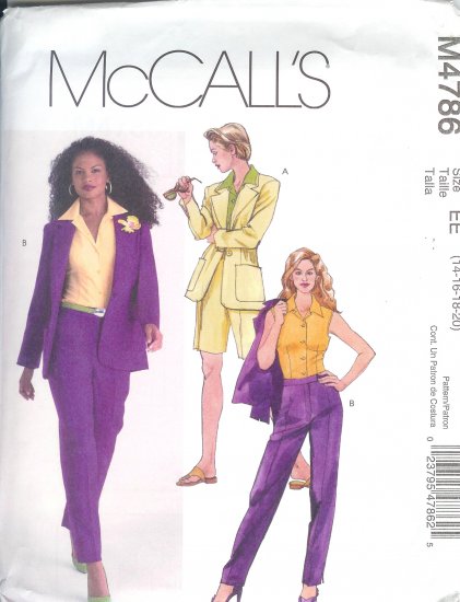 M4786 McCalls Pattern Lined Jacket,Skirt,Shorts,& Pants Misses/Miss Petite Size 14-16-18-20