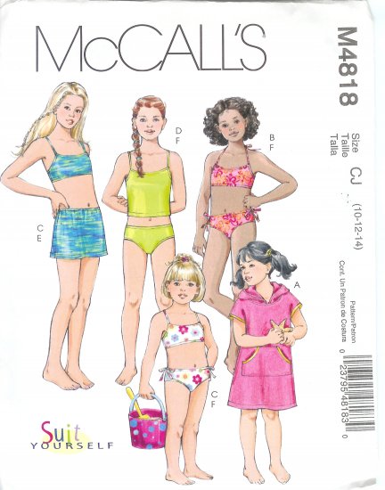 M4818 McCall Pattern SwimSuit Cover-up, Tops, and Bottoms Childs / Girls Size CJ 10-12-14
