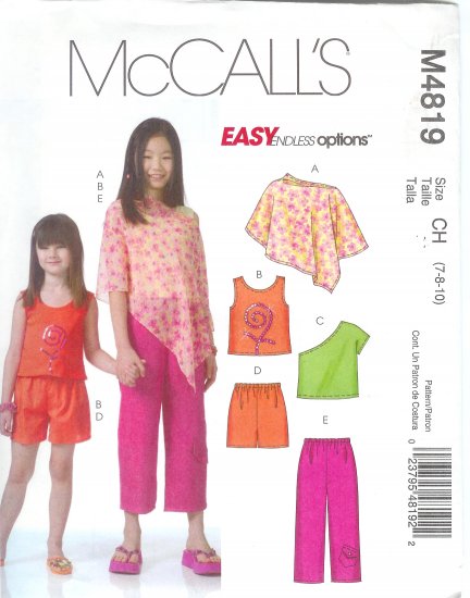 M4819 McCall Pattern EASY ENDLESS OPTIONS Poncho Tops Shorts Capri Pants Childs/Girls Size 7-8-10