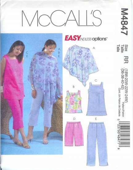 M4847 McCalls EASY ENDLESS OPTIONS Poncho,Top,Tunic,Shorts & Capri Pants Womens Size18W - 24W