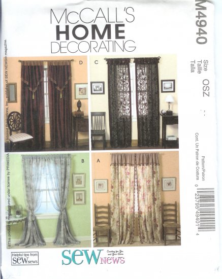 M4940 McCalls Pattern HOME DECORATING Window Treatments Size OSZ