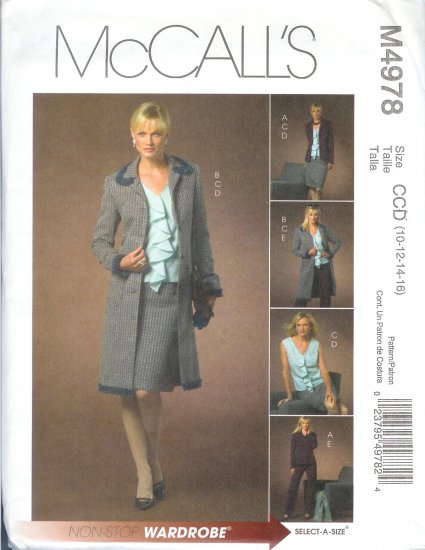 M4978 McCalls NON-STOP WARDROBE Lined Jacket in 2 Lengths,Tops,Skirt & Pants Misses Size 10-12-14-16