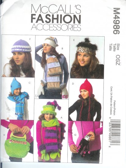 M4986 McCalls Pattern FASHION ACCESSORIES Hats, Mittens, Scarves and Handbags Misses Size OSZ