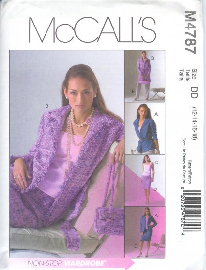 M4787 McCalls NON-STOP WARDROBE Jacket in 2 Lengths,Top, Skirt and Pants PETITE Misses Size BB 8-14