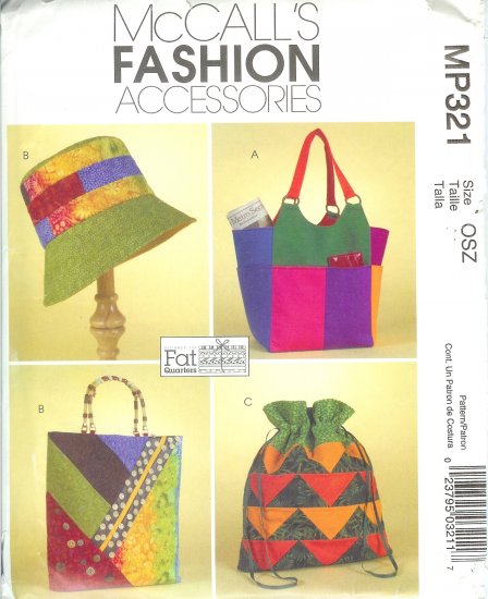 MP321 McCalls Pattern FASHION ACCESSORIES "FAT QUARTERS" Misses Hat, Totes, & Handbag