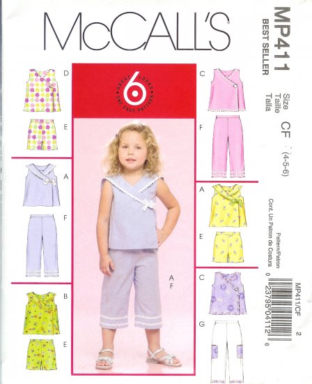 MP411 McCall Pattern "6 LOOKS in 1 Pattern" Tops, Shorts, & Capri Girls Toddlers Size CB 1-2-3