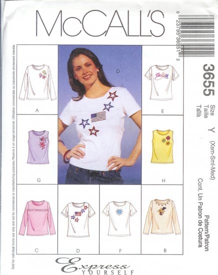 M3655 McCalls Pattern EXPRESS YOURSELF Tops Misses Size Y XS,S,M