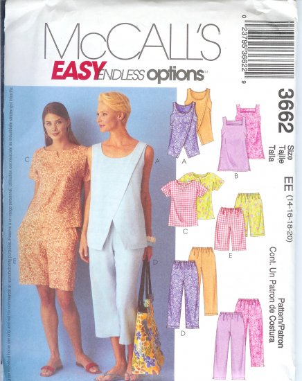 M3662 McCalls EASY ENDLESS OPTIONS Tops Tunic Pull-on Capri Pants Shorts Misses/Miss Petite 6-12