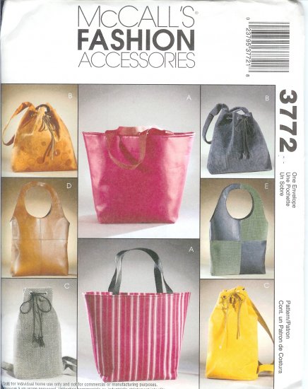 M3772 McCalls Pattern FASHION ACCESSORIES LINED BAGS