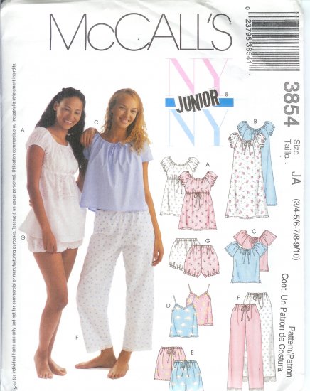 M3854 McCalls Pattern "NY JR" Nightgowns Tops Camisoles shorts Pants & Bloomers Junior JA 3/4-9/10